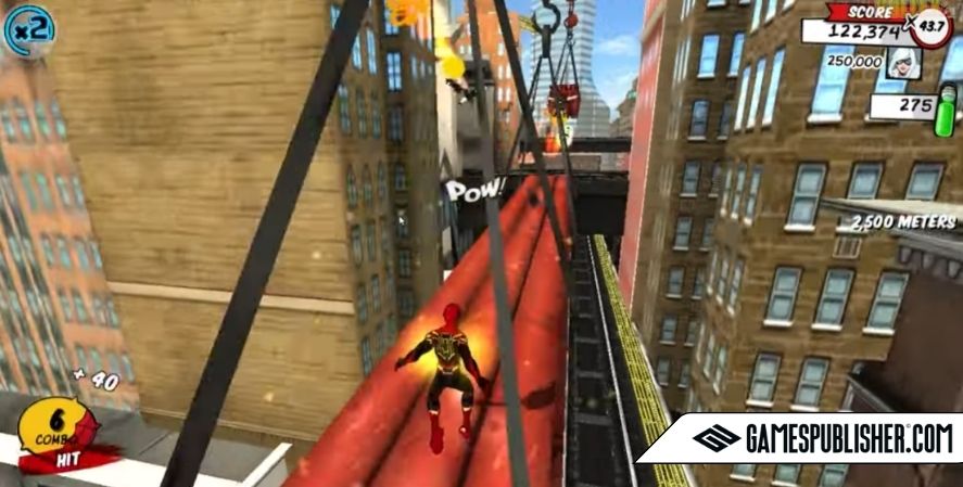 Spider-Man Unlimited endless runner gameplay with Spider-Man swinging through city rooftops