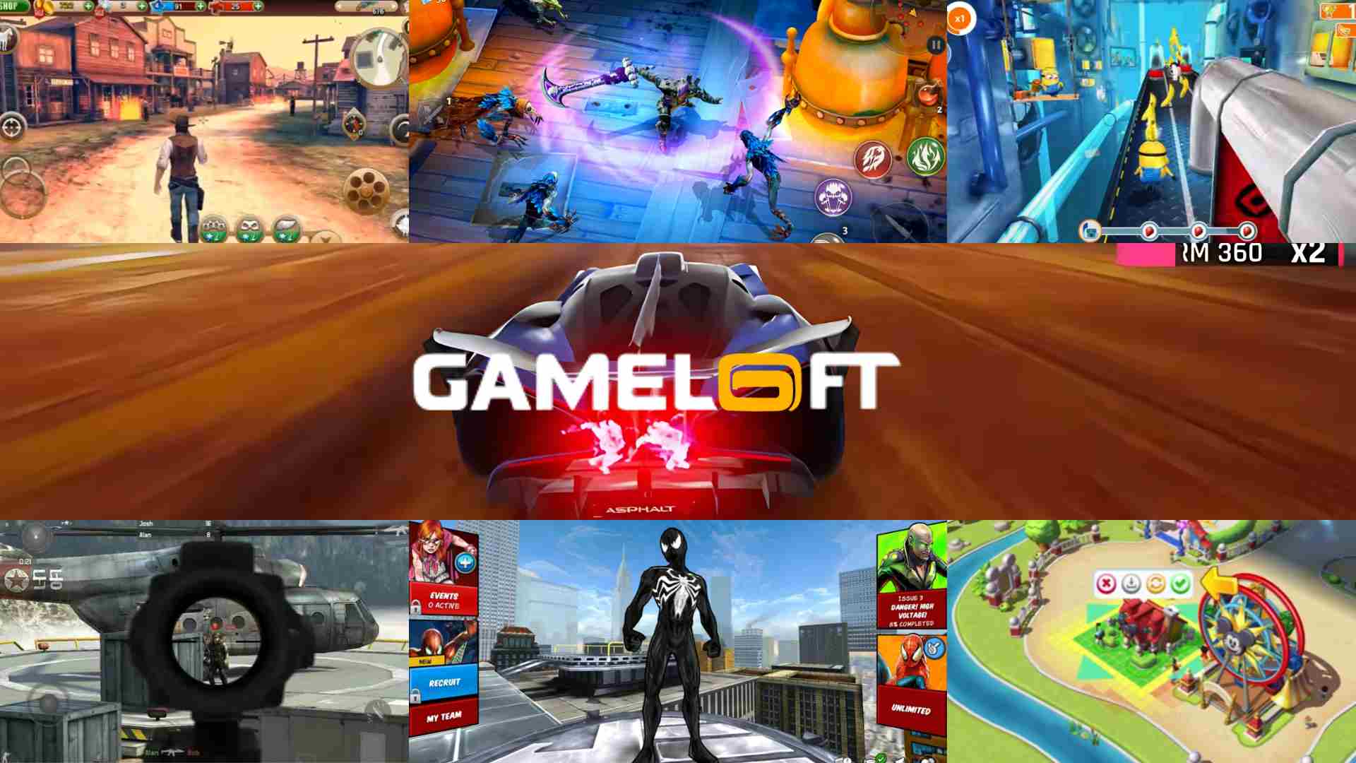 Collage of top Gameloft Games including Dungeon Hunter, Six-Guns, Minion Rush, and Asphalt from GamesPublisher.com