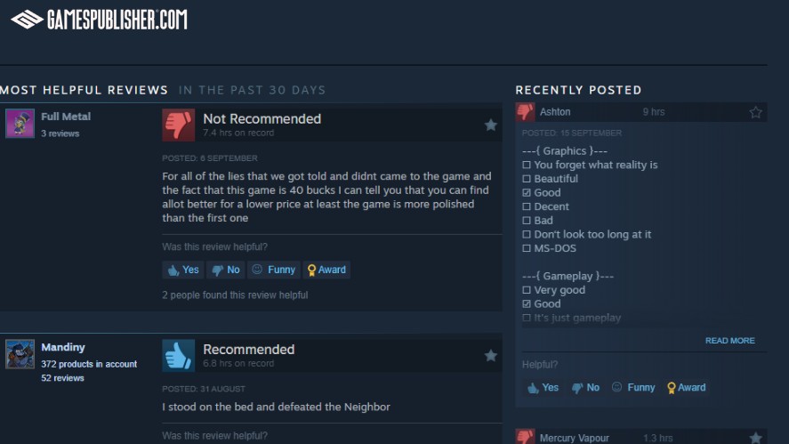 Negative reviews on Steam about Hello Neighbor 2
