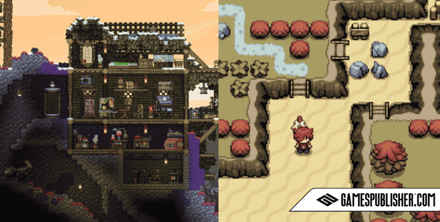Screenshot of Starbound and Lenna’s Inception, two popular Chucklefish games, showing pixel-art exploration and adventure gameplay.