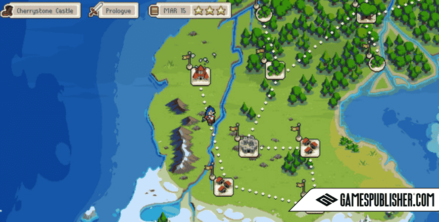 Wargroove gameplay map from Chucklefish, showing turn-based tactical strategy with castles and armies.