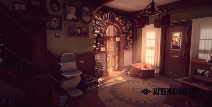 Scene from What Remains of Edith Finch showing a cozy room filled with books, narrative adventures.