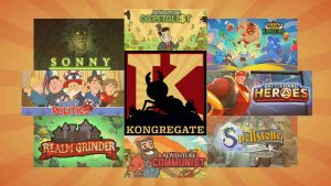 Collage of popular Kongregate games including Sonny, AdVenture Capitalist, Burrito Bison Launcha Libre, Pocket Politics, BattleHand Heroes, Realm Grinder, AdVenture Communist, and Spellstone, with the Kongregate logo at the center.