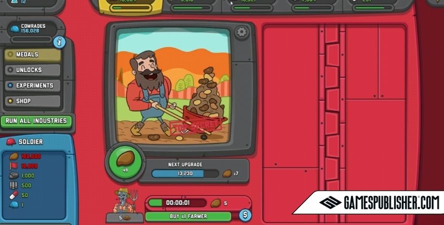 Screenshot of AdVenture Communist gameplay interface showing a farmer character collecting potatoes, with resource stats and upgrade options.
