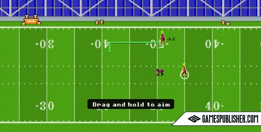 Pixel-style football gameplay scene from Retro Bowl Kongregate, showing players on a green field with aim controls visible.