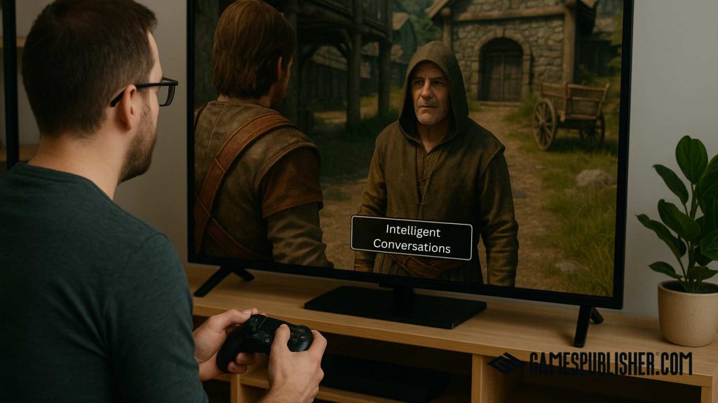 An adult gamer plays an AAA title on a large screen where the in-game main character is talking to an AI NPC in a medieval setting, with the dialogue option “No Limitations” visible.