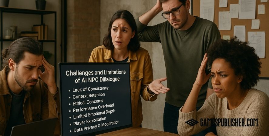 A team of four game developers looks frustrated during a meeting, discussing the challenges of dialogue shown on a monitor listing issues like context retention, ethics, and performance overhead.