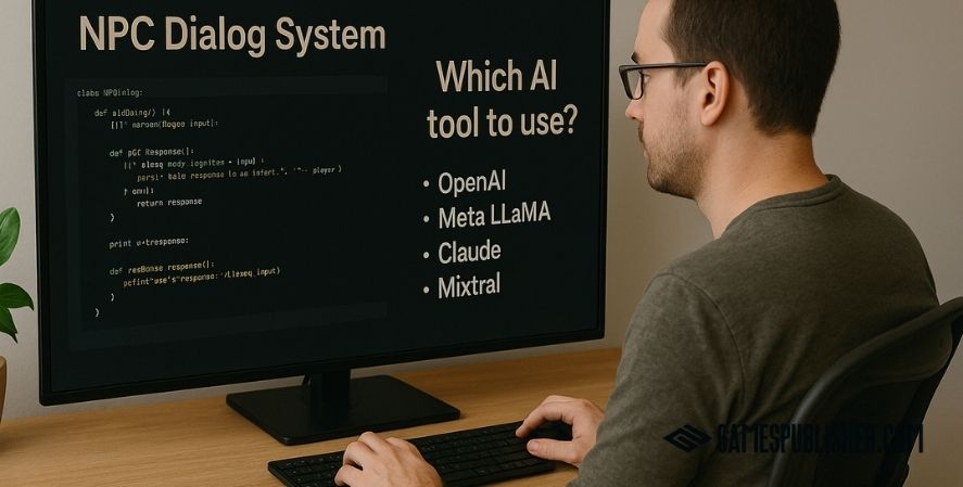 A game developer sits at a desk working on an NPC dialog system, looking uncertain about which AI tool to use, with options like OpenAI, Meta LLaMA, Claude, and Mixtral displayed on the monitor.