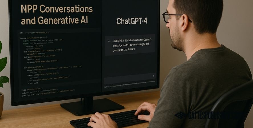 An adult game developer works on NPC dialogue systems using generative AI and ChatGPT-4, with code and AI chat displayed on dual monitors in a warm, creative workspace.