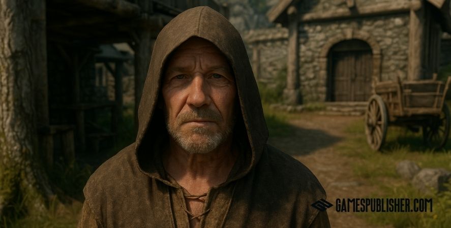 A realistic 3D-rendered in a medieval village stands facing the player with a “TALK: No Limitations” prompt, symbolizing open dialogue in an AAA game environment.