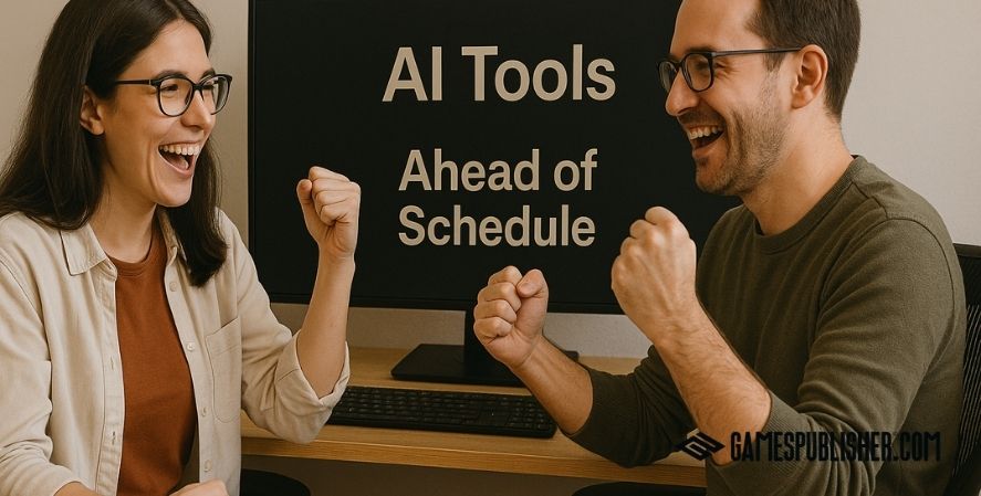 Two happy game developers celebrate meeting their project deadline, smiling and cheering in front of a computer screen displaying “AI Tools Ahead of Schedule” in a modern office.