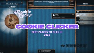 Cookie Clicker game interface with a large cookie on the left and store upgrades on the right, featuring the text "Cookie Clicker: Best Places to Play in 2026" and Gamespublisher.com branding.