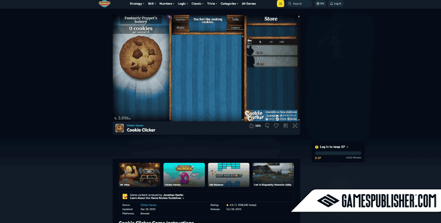 Cookie Clicker game page on Coolmath Games showing the in-browser interface, game description, and related idle games, with Gamespublisher.com branding.