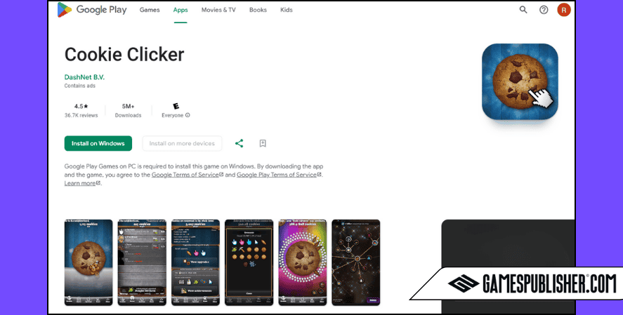 Cookie Clicker app listing on Google Play showing app icon, user rating, download count, install options, and gameplay screenshots with Gamespublisher.com branding.