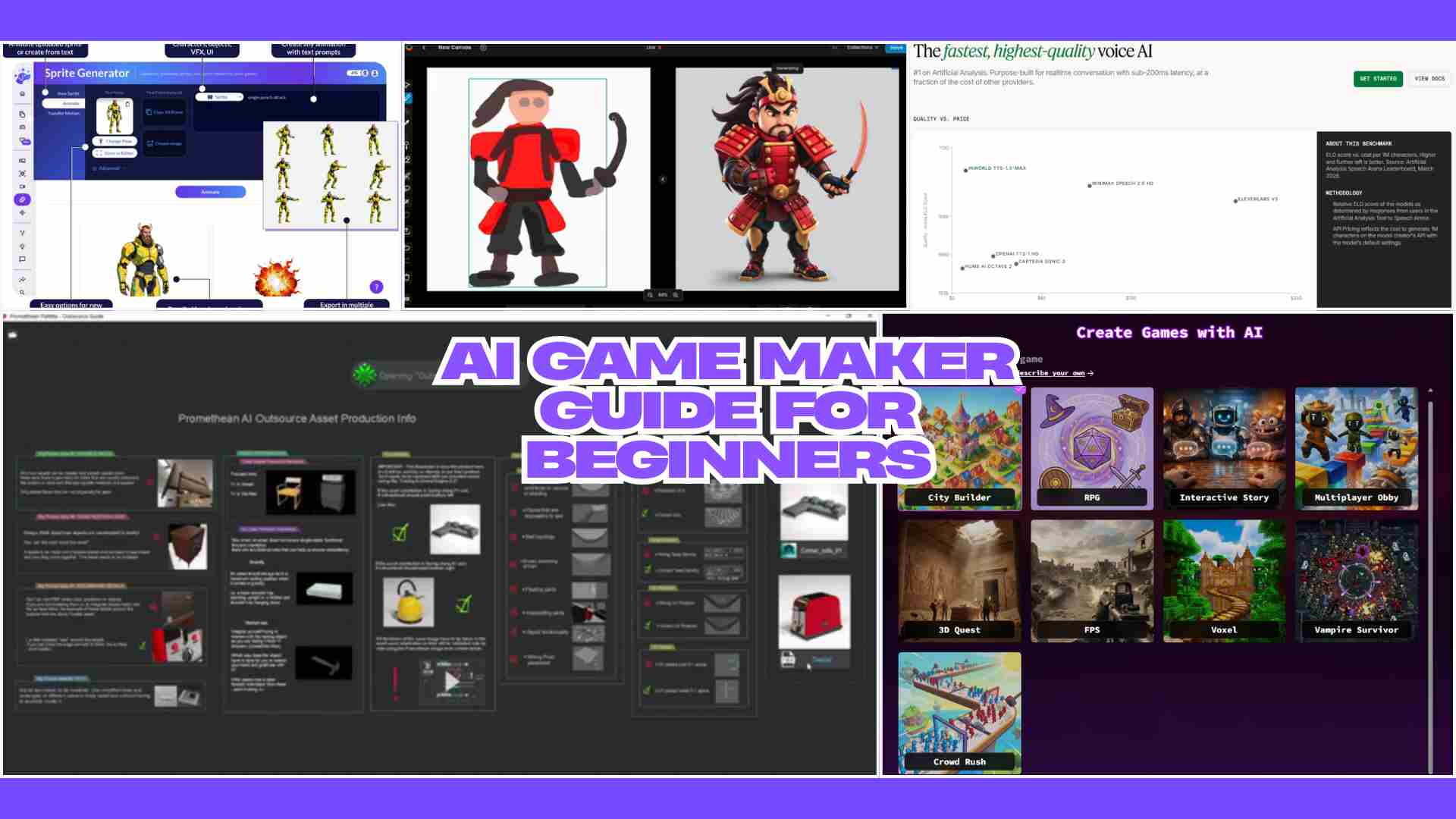 AI game maker guide for beginners showing AI tools for game development, asset generation, and game creation platforms