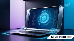 Futuristic laptop displaying AI-powered coding interface for game development