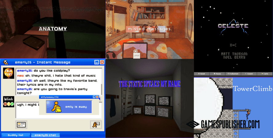 examples including Anatomy Emily is Away Celeste and TowerClimb indie games