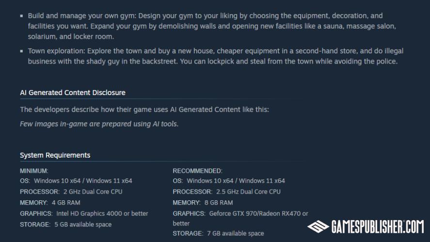 An AI-generated content disclosure on a game's Steam page
