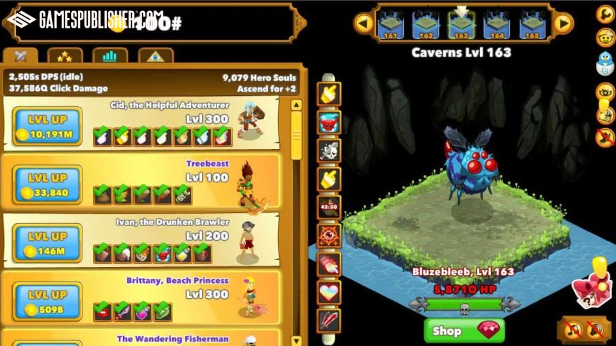 Clicker Heroes with heroes, upgrades, skills, and a monster with level selection