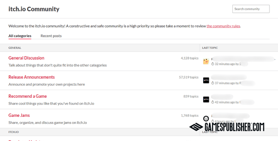 itch.io community page showing forums game jams and discussions for indie game developers