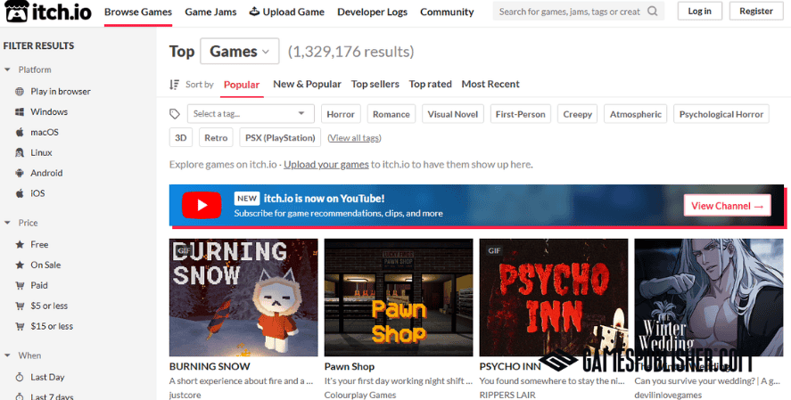 browsing page with filters tags and popular indie games list