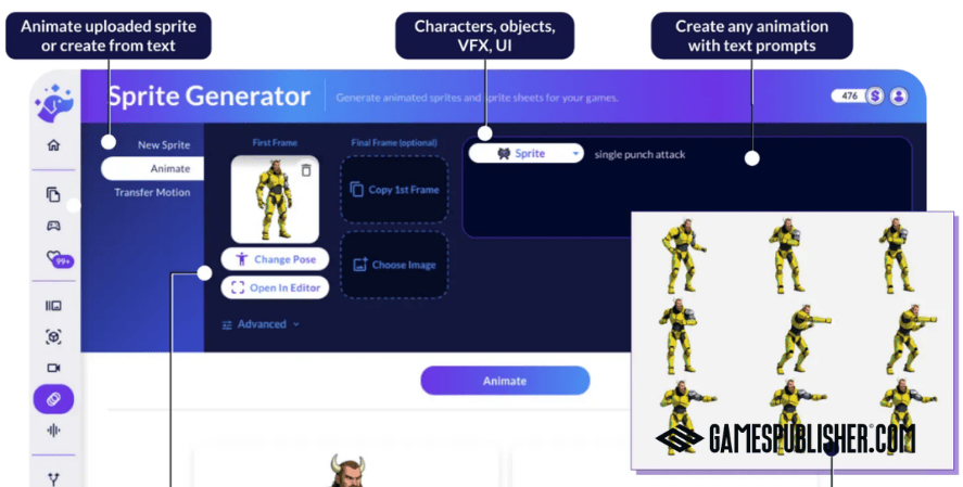 AI sprite generator tool used in ai game development to create animated characters and game assets