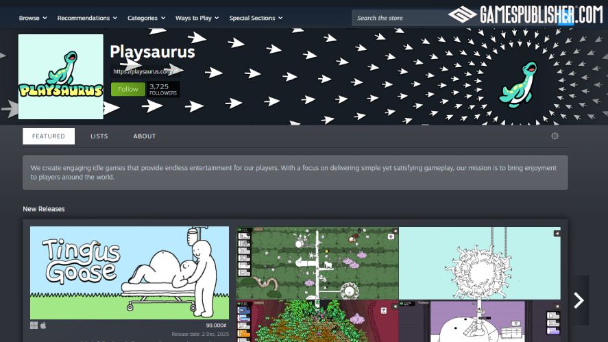 Playsaurus games list on Steam