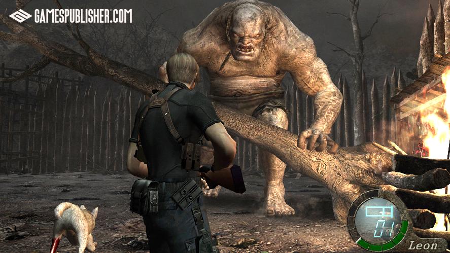 Leon is fighting with a giant Troll in Resident Evil 4