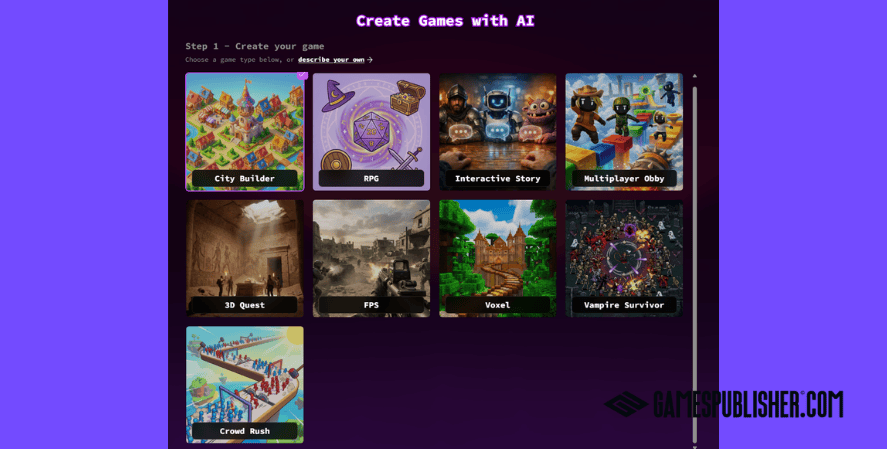 platform interface showing game templates like city builder, RPG, FPS, and multiplayer game creation