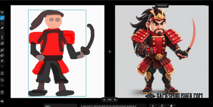 AI game creator transforming a simple character drawing into a detailed 3D game character