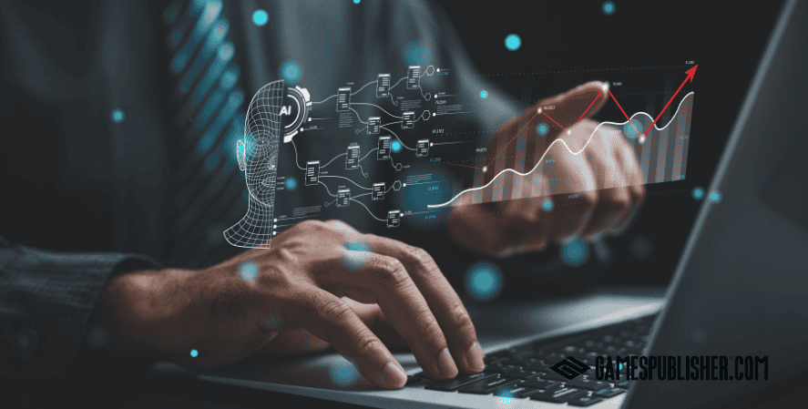 AI tools assisting a game developer with data analysis and ai game development workflow