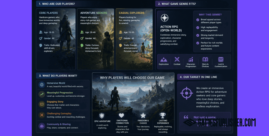 Indie game target audience and genre planning chart showing player types, game features, and positioning strategy