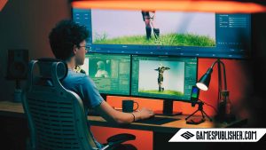 Game developer working on 3D character design across multiple screens in a modern game development setup