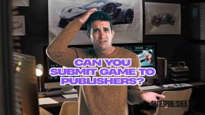 Confused game developer thinking about how to submit game to publishers while working on a computer setup