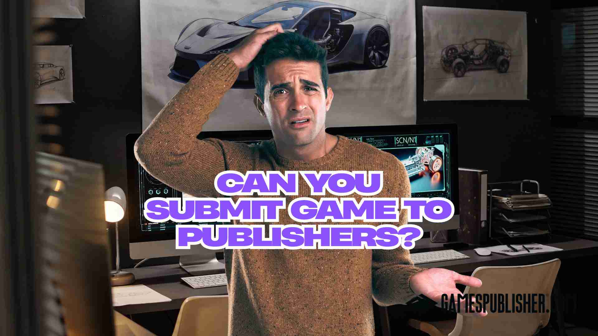 Confused game developer thinking about how to submit game to publishers while working on a computer setup