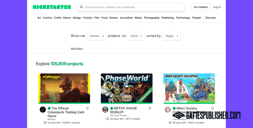 Kickstarter platform showing game projects used by developers to submit game ideas and raise crowdfunding support