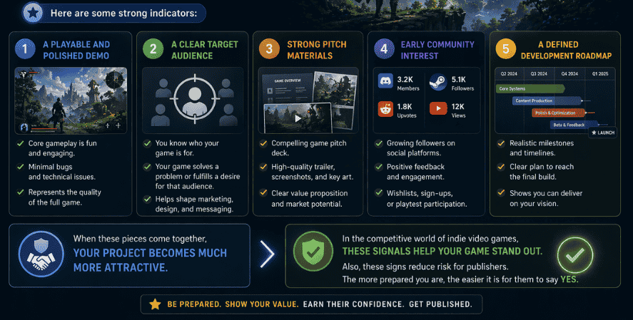 Key signs an indie game is ready for a publisher including demo quality, target audience, pitch materials, community interest, and roadmap
