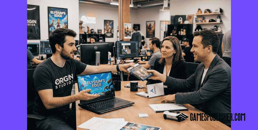 Game developer presenting a video game project to publishers during a meeting in a game development studio