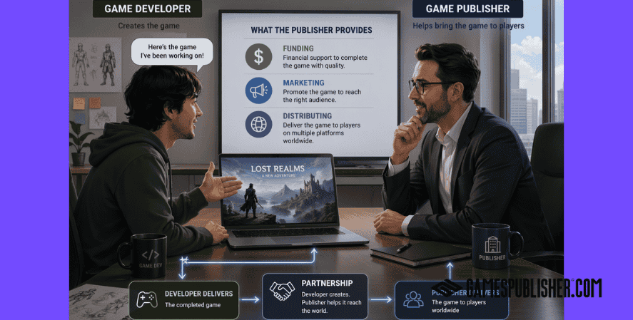 Comparison between game developer and game publisher roles including funding, marketing, and distribution responsibilities