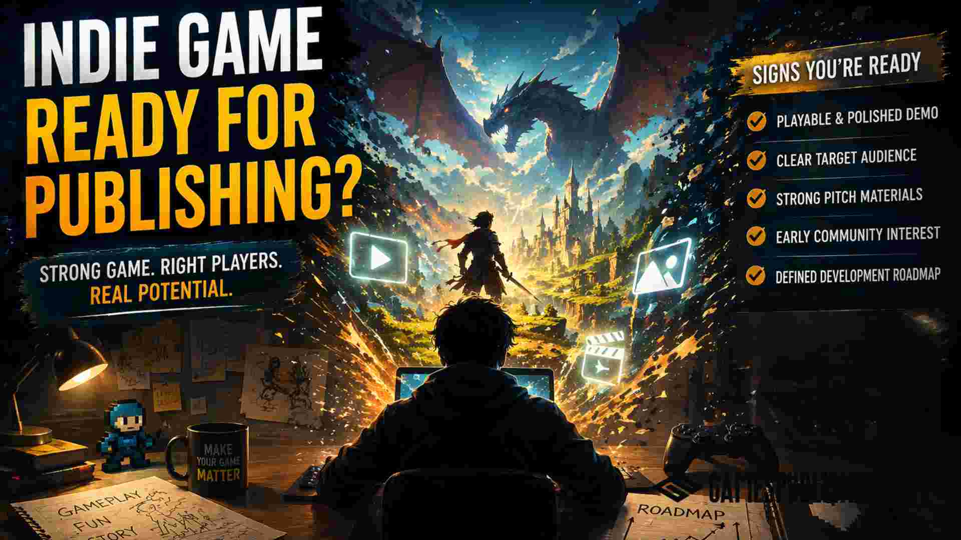 Indie game developer working at a desk imagining a fantasy game world, asking if their game is ready for publishing