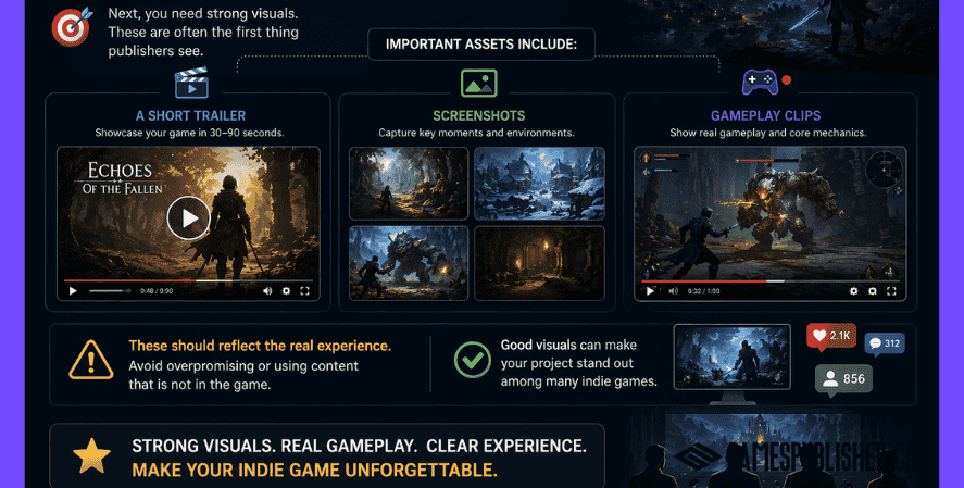 Examples of indie game marketing assets including trailer, screenshots, and gameplay clips used for pitching to publishers