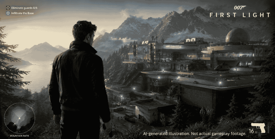 AI-generated 007 First Light-style gameplay showing a spy overlooking a fortified mountain base with a helicopter, guards, objectives, minimap, and weapon HUD.