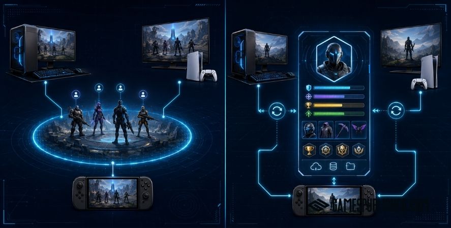 Diagram showing the difference between cross-play and cross-progression in games