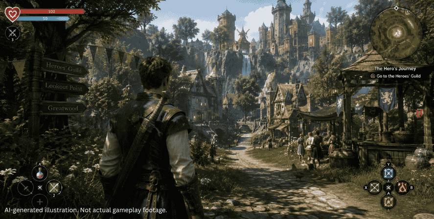AI-generated Fable-style gameplay showing a fantasy hero exploring a medieval village with forests, villagers, quests, combat abilities, and the game interface. 