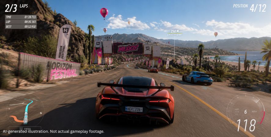 AI-generated Games Coming out in 2026 Forza Horizon 6-style gameplay showing a high-performance sports car racing through a scenic open-world road with mountains, traffic, speed indicators, minimap, and driving HUD. 