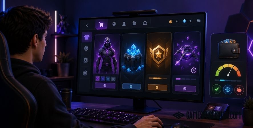 Gamer reviewing optional purchases and spending in a free-to-play game