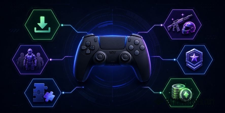 Illustration explaining how free-to-play games use optional purchases and battle passes