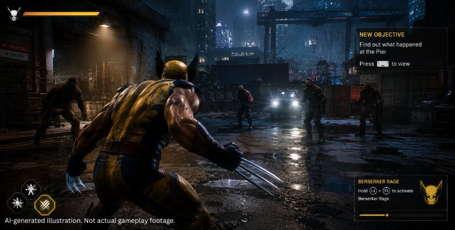AI-generated Games Coming out in 2026 Marvel’s Wolverine-style gameplay showing a clawed mutant hero fighting armed enemies in a gritty urban setting with cinematic combat and HUD elements.