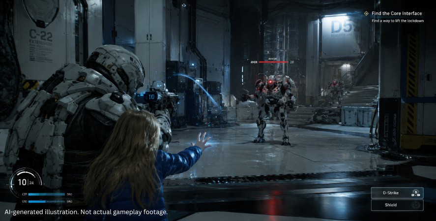 AI-generated Games Coming out in 2026 Pragmata-style gameplay showing an armored astronaut and young companion fighting robots inside a futuristic research facility with combat HUD elements.