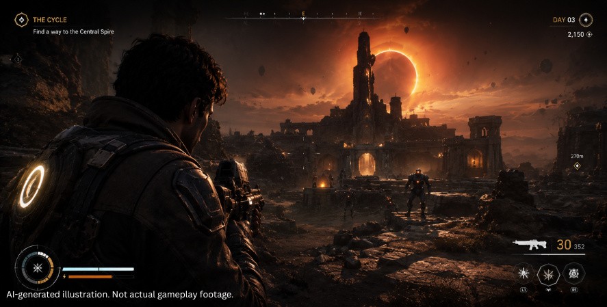 AI-generated Games Coming out in 2026 Saros-style gameplay showing an armored fighter aiming at robotic enemies near a ruined alien fortress beneath a dramatic eclipse.